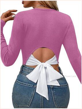 Ribbed Long Sleeve Crop Top with Bow, Cute Blouse for Date Night Concert